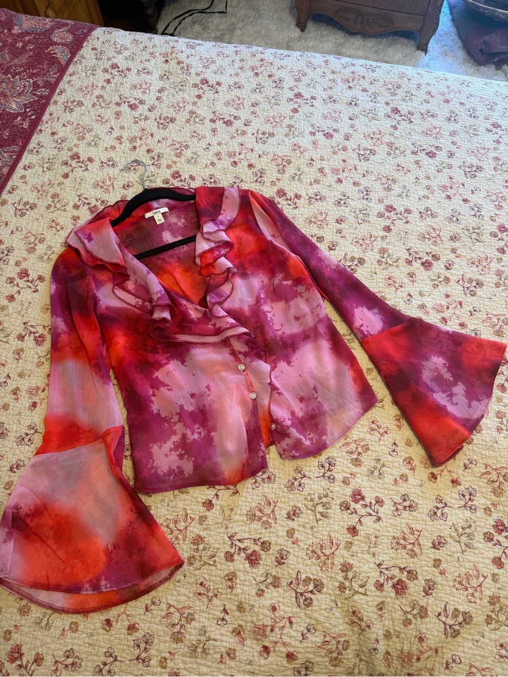 Bar III Ruffled Sheer Blouse in Pink and Red Watercolor